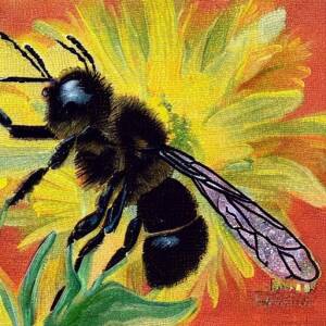 completely black bee on flowers in impressionist style