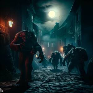 Halloween monsters roaming an ancient Italian village at night in the dark with a full moon and dramatic lighting
