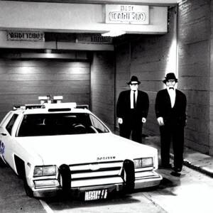 the Blues Brothers black and white police cruiser in an underground parking lot with Jake and Ellwood at night