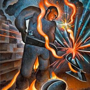 Heroic blacksmith striking hot steel on an anvil shower of sparks in the style of a mexican mural by Diego Rivera