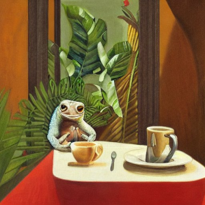a gecko having coffee in a cafe as if painted by an italian master