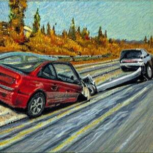 Canadian car crash on the 401 highway in an impressionist style