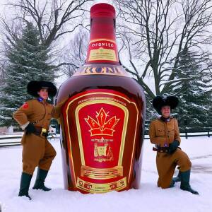A giant bottle of royal crown with some candian mounties in the winter