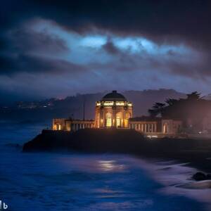 A picture of sutro baths on a stormy night in the 1920s