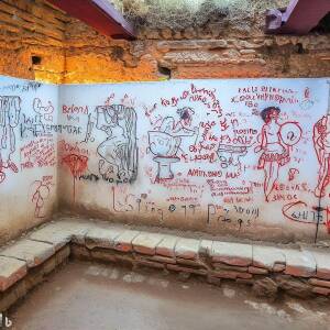An ancient roman toilet as it was in ancient rome with the walls covered in Graffiti of pretty roman dancing girls and sheep and comments and poetry