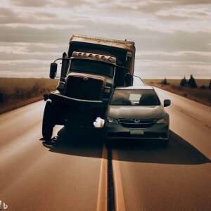 a car and a truck smooching like lovers on a highway going through rural canada