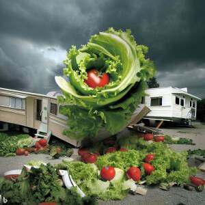 trailer park tossed like a garden salad with giant trailer-sized lettuce and tomatoes by a tornado