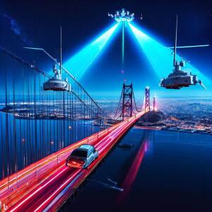 Satellites orbiting San Francisco tracking a car driving across the bay bridge with electric data beams between the car and satellite