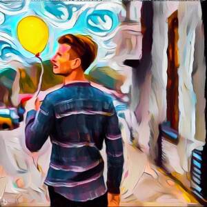 A happy Canadian man in casual walking away down a street holding a yellow balloon on a string looking back at the camera rendered in the style of a Vincent van Gogh painting