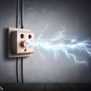 a standard electrical outlet in a boring office wall with lightning bolts coming out and electrocuting someone