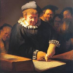 Sandy Toksvig leading the news quiz panel as a Rembrandt van Rijn painting