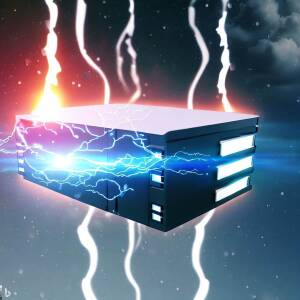 one 3U server with lightning bolts shooting out floating glowing against a starry sky