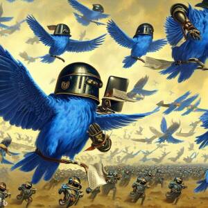 a swarm of blue falcons wearing cyber helmets swarming over a armies in battle each holding scrolls in their talons in the style of Hieronymus Bosch