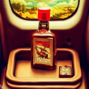 A square mini bottle of Red Stag Liquor sitting on an airplane seat tray in the fantastical Early Netherlandish painting style of the Hieronymus Bosch painting "The Garden of Earthly Delights"