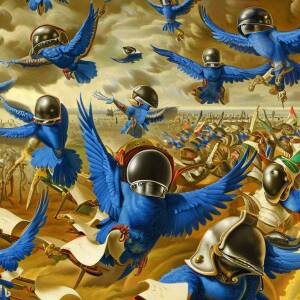 a swarm of blue falcons wearing cyber helmets swarming over a armies in battle each holding scrolls in their talons in the style of Hieronymus Bosch