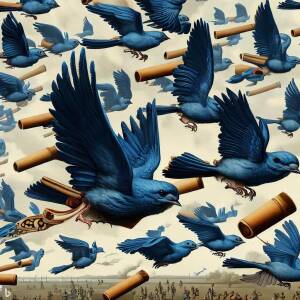 a swarm of blue birds flying over a battle each holding scrolls in their talons in the style of Hieronymus Bosch