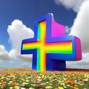 A gigantic 3D plus symbol in rainbow colors towering over a field of wild flowers and blue sky with whit fluffy clouds