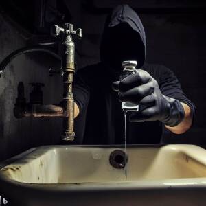 A sinister looking person in black filling a medicine vial with water pouring from a tap from a scary looking sink in a dark basement