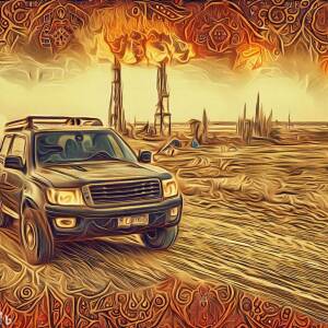 an suv driving down an iraqi road in the middle of the desert with oil fields and gas flares in the background in the style of an ancient iraqi illuminated manuscript 8k resolution