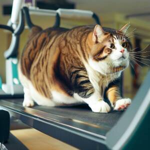 Gigantic fat cat on a treadmill in a gym