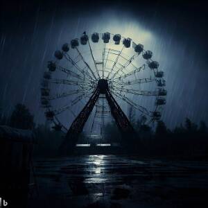 The Chernobyl Ferris wheel at night in the rain as a post apocalyptic dystopian cyberpunk image lit only by a full moon and dramatic lighting