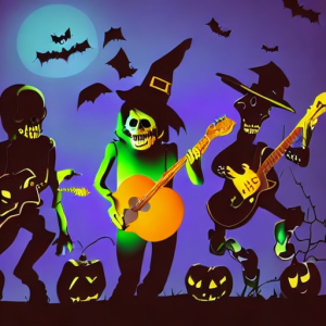 A rock band playing at night on Halloween in a spooky style