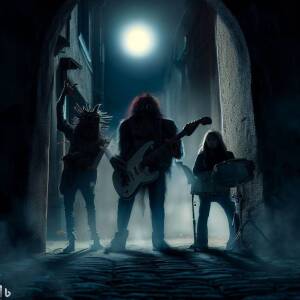 Monsters band with a guitarist, a drummer and a singer in a church doorway on a dark and narrow street in an Italian village under a full moon and dramatic lighting in an ominous gothic style 4k high resolution
