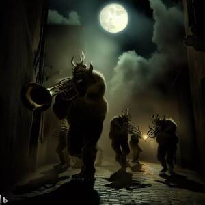 Monsters playing brass instruments on a dark and narrow street in an Italian village under a full moon and dramatic lighting in an ominous gothic style 4k high resolution