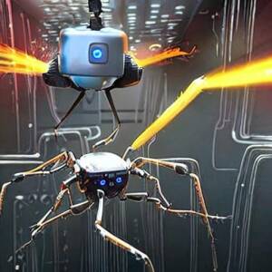 Giant robotic ants crawling inside a cyberpunk computer firing sparks out of their antennae at chips
