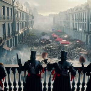 Rich plutocrats in opulent garb watch from a balcony as black-clad military troops to attack townspeople in an open air street book market with batons in 4k dystopian realism