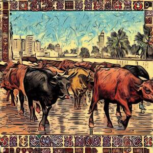 Free range urban cows in basra iraq in the style of an ancient persian illuminated manuscript