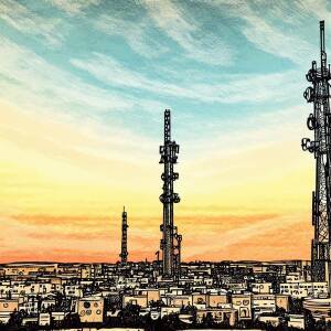 tall communications towers over the city of Basra Iraq at sunset illustrated in the style of an ancient Arabic manuscript