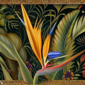 A giant bird of paradise blooms in an eastern garden as in an illuminated manuscript with gold leaf