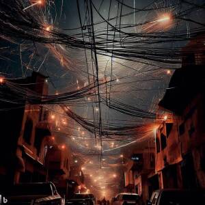 A web of overhead wires above an Iraqi street with sparks raining down from the wires