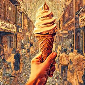Holding a cone of ice cream in a busy ancient outdoor iraqi street market in the style of an ancient persian illuminated manuscript