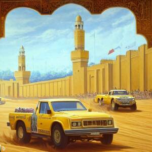 Inside the walls of the citadel, yellow 1980s vintage toyota pickups race before the king's stand stylized as a medieval tapestry