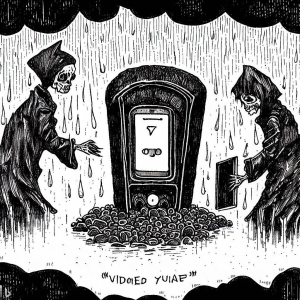 A first generation iPod being lowered into a grave like a casket at a solemn funeral in the rain as a black and white pen and ink illustration in gothic style