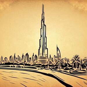 The Burj Khalifa is pretty impressive from a distance, but illustrated in the style of an ancient Arabic manuscript