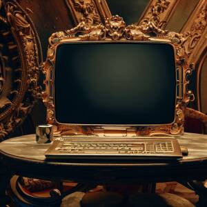 a laptop sitting on an ornate table with a weirdly small screen surrounded by a huge a huge bezel in the style of a renaissance master