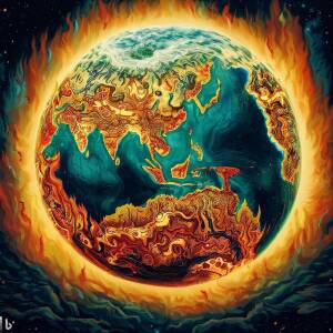 a view of the earth in space with all the land areas on fire in the style of an ancient persian illuminated manuscript