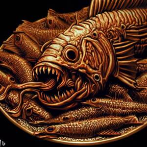 fried fish on a plate with lots of teeth in the style of H.R. Giger