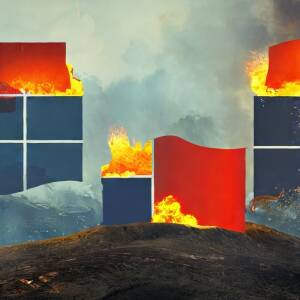 Microsoft windows crashing in a dystopian landscape with fire