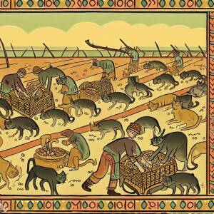 Harvesting cats on a cat farm in the style of an ancient Iraqi illuminated manuscript illustration