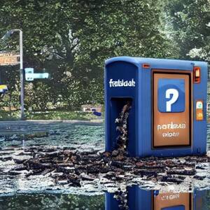 A facebook portapotty with a river of sewage streaming out rendered like a cyberpunk illustration