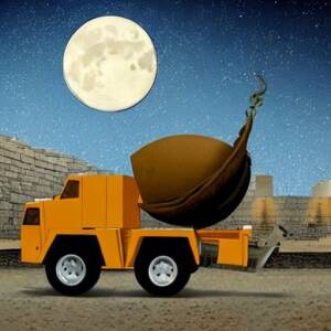 A cement truck pouring cement at night under a half moon in Iraq in rendered the style of an ancient Iraqi illustration