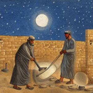 Pouring cement at night under a full moon in Iraq in rendered the style of an ancient Iraqi illustration