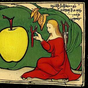 eve tempted by forbidden golden delicious apple like a 14th century Iraqi illustration