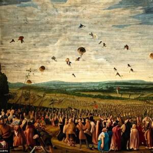 great masses of peasants toiling in a field watched over by a flying king dressed as an evil advertising executive in an armani suit in the style of renaissance painting