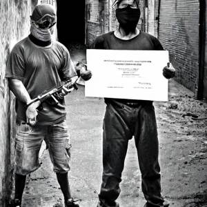shady criminal armed thug in a back alley offering a certificate to a geek for a lot of money