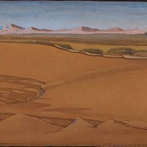 An empty desert with low dunes and a road in Iraq as painted in the 14th century by Rashid-ad-Din's Gami' at-tawarih